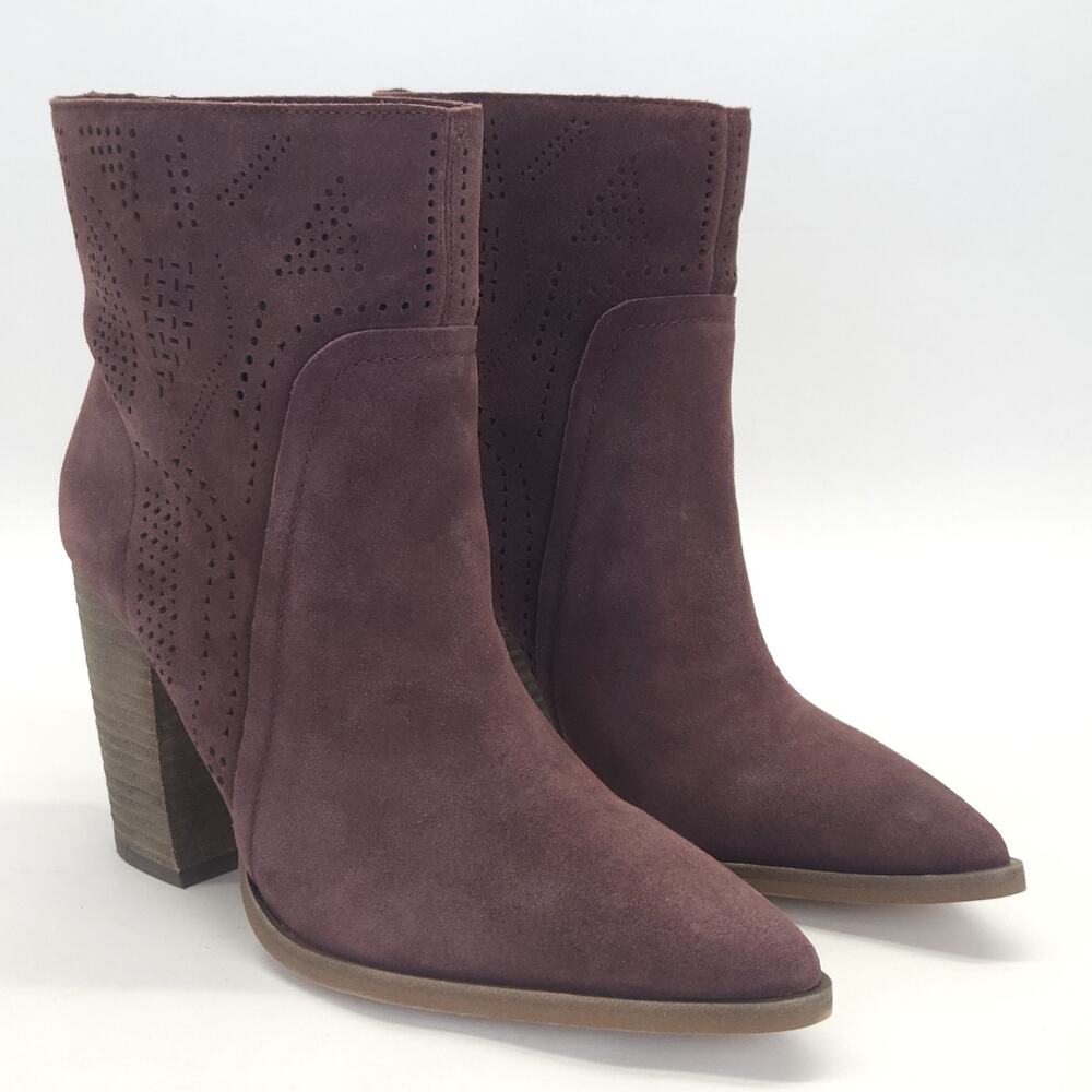 Vince Camuto Ankle Bootie 7.5 Block Heel Burgundy Suede Boho Winter Work 3.5"